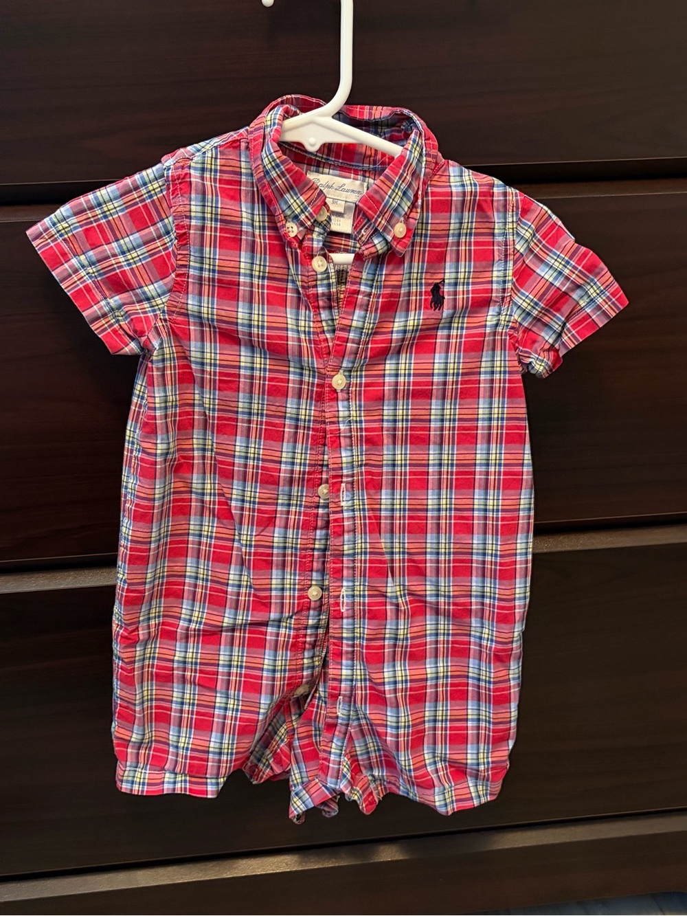 Ralph Lauren Red Plaid Short-Sleeve Button Romper Size 9 months